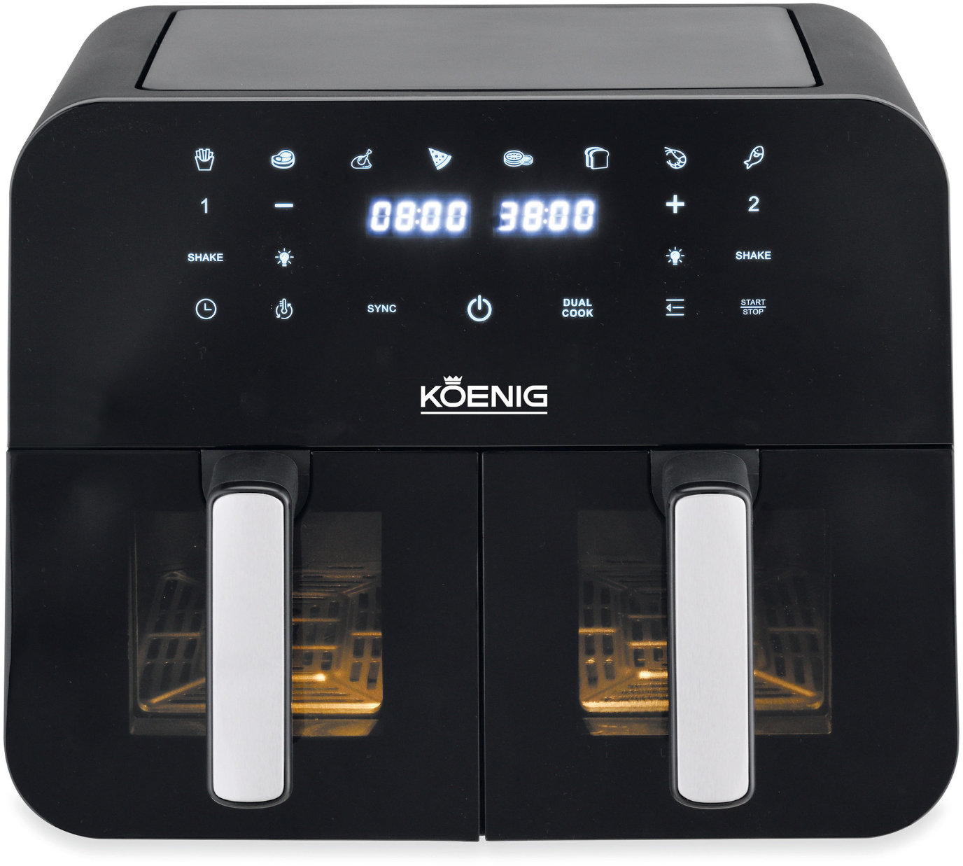 Schwarze Koening Heißluftfritteuse mit zwei Kammern und Digitalanzeige, Bedienelemente sichtbar.