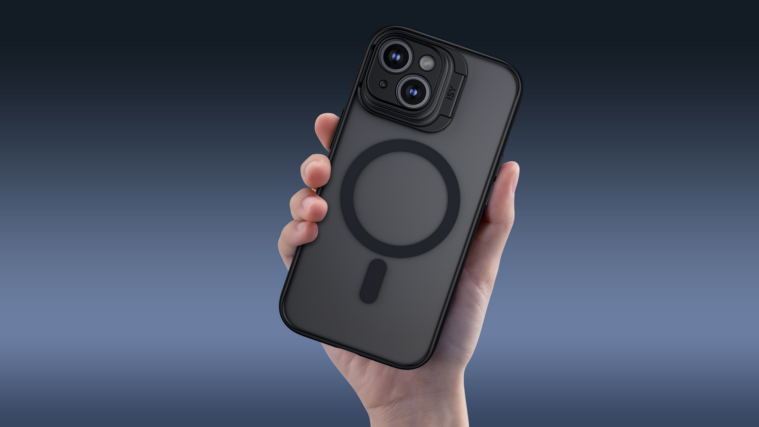 Mano sosteniendo una funda de teléfono negra con un círculo magnético.