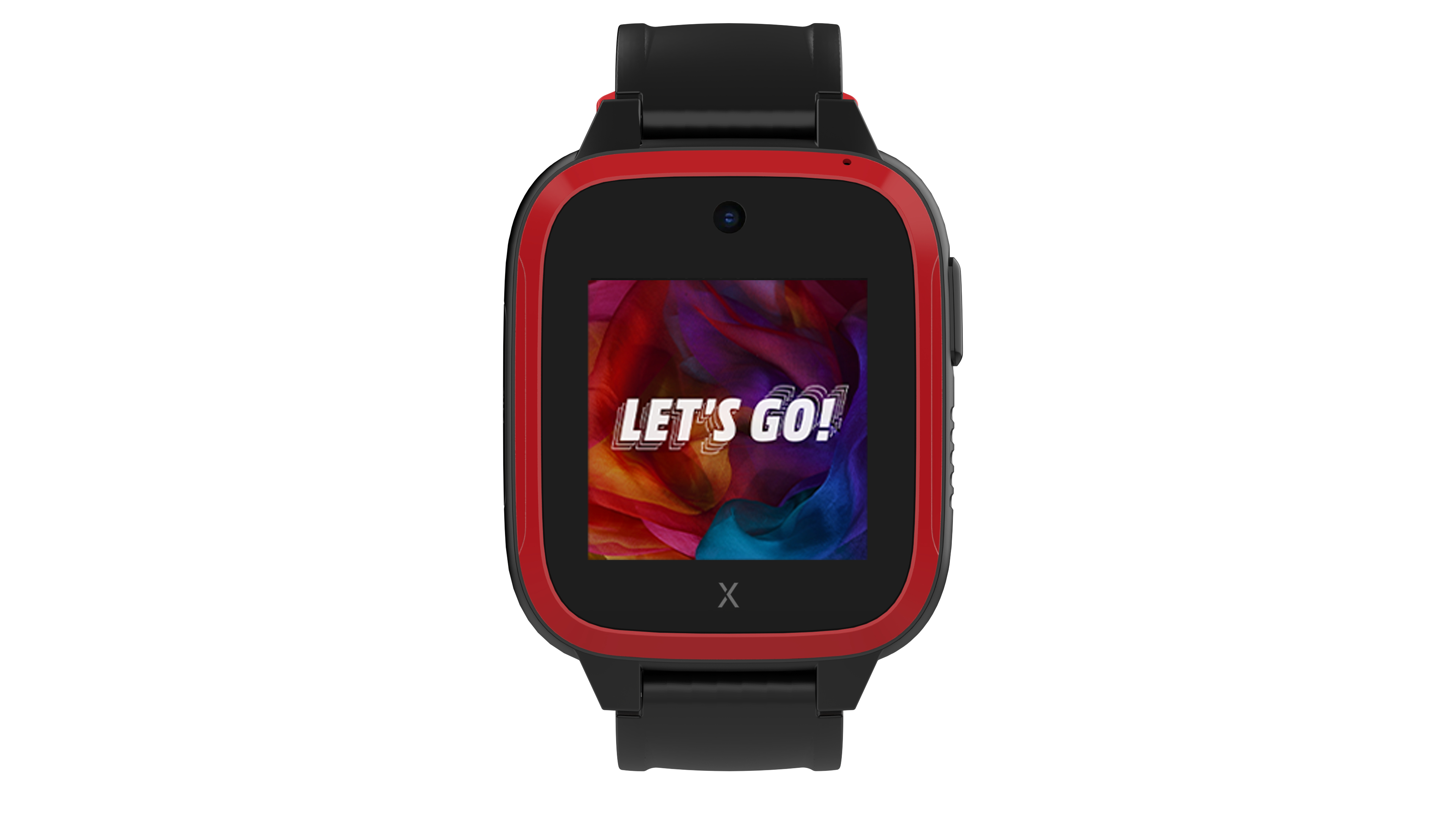 Schwarze und rote Smartwatch mit farbigem Bildschirm, der "LET'S GO!" Text zeigt, auf weißem Hintergrund.