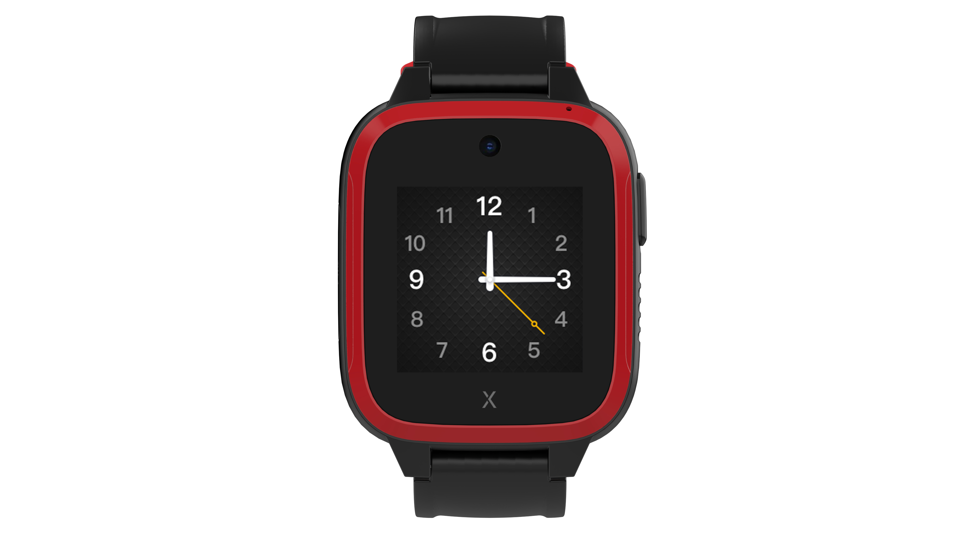 Smartwatch mit schwarzem Armband und roter Lünette. Zeigt Zifferblatt mit Zeigern.
