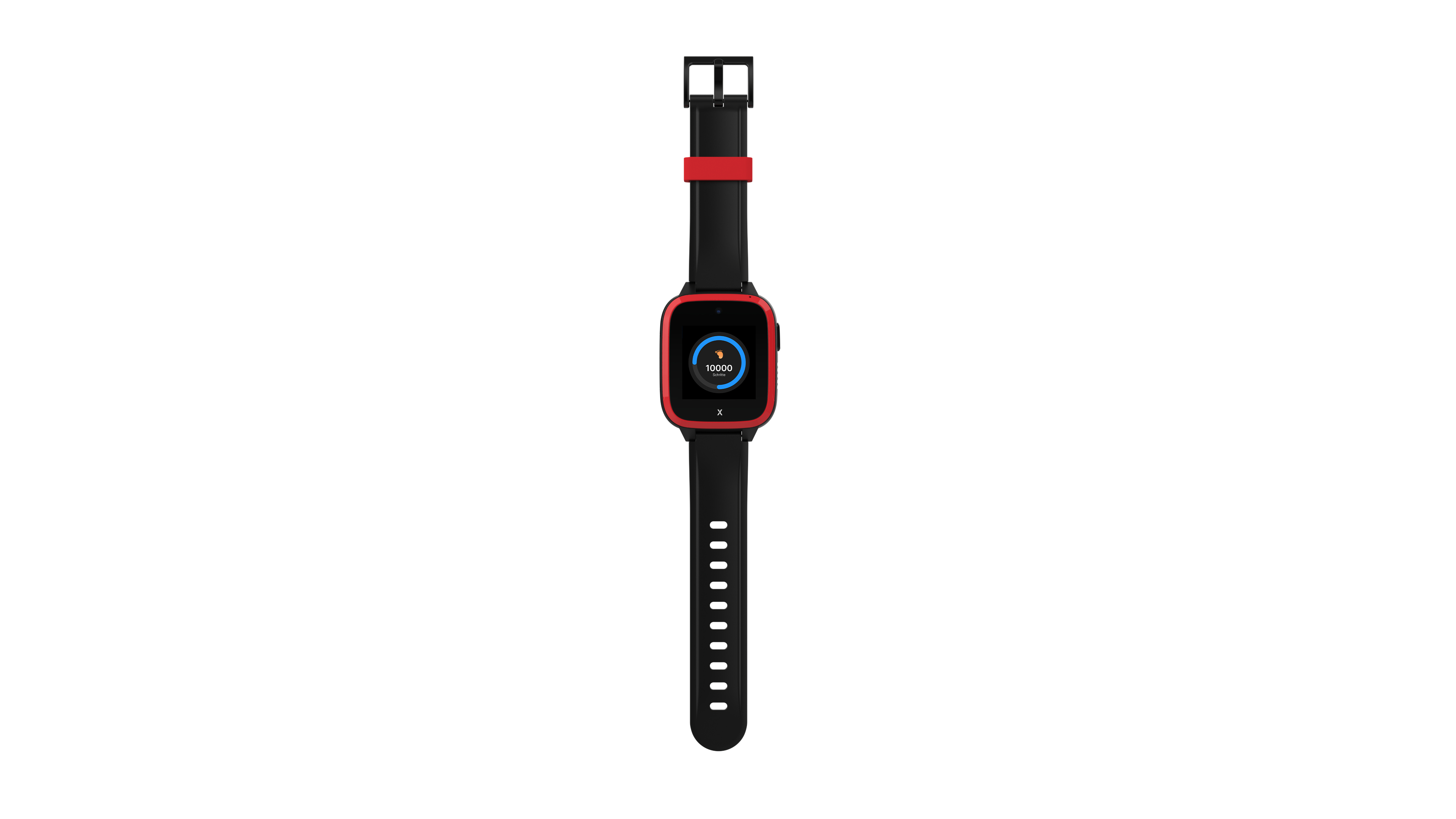 Eine schwarz-rote Smartwatch mit rotem Bildschirm, der Schritte anzeigt, auf weißem Hintergrund.