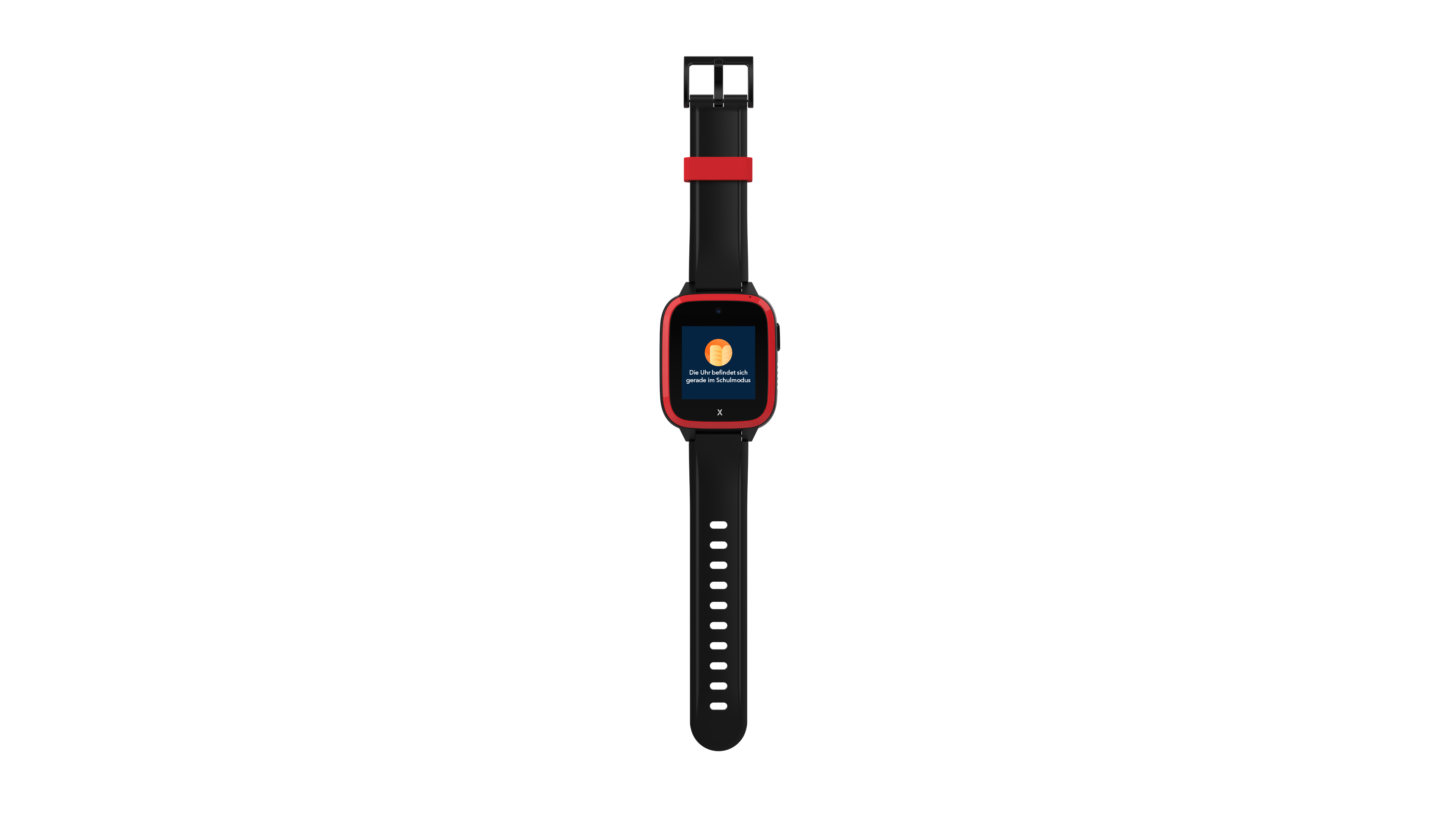 Eine schwarz-rote Smartwatch mit einem Bildschirm, der Text anzeigt.