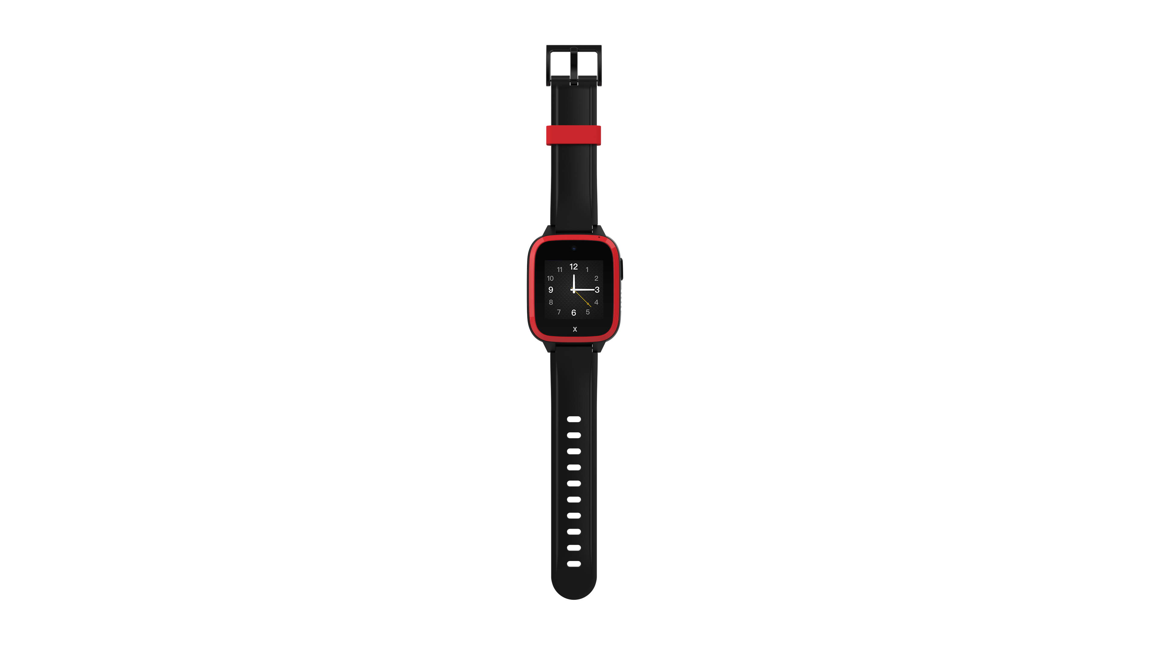 Schwarze Smartwatch mit roten Akzenten auf weißem Hintergrund.