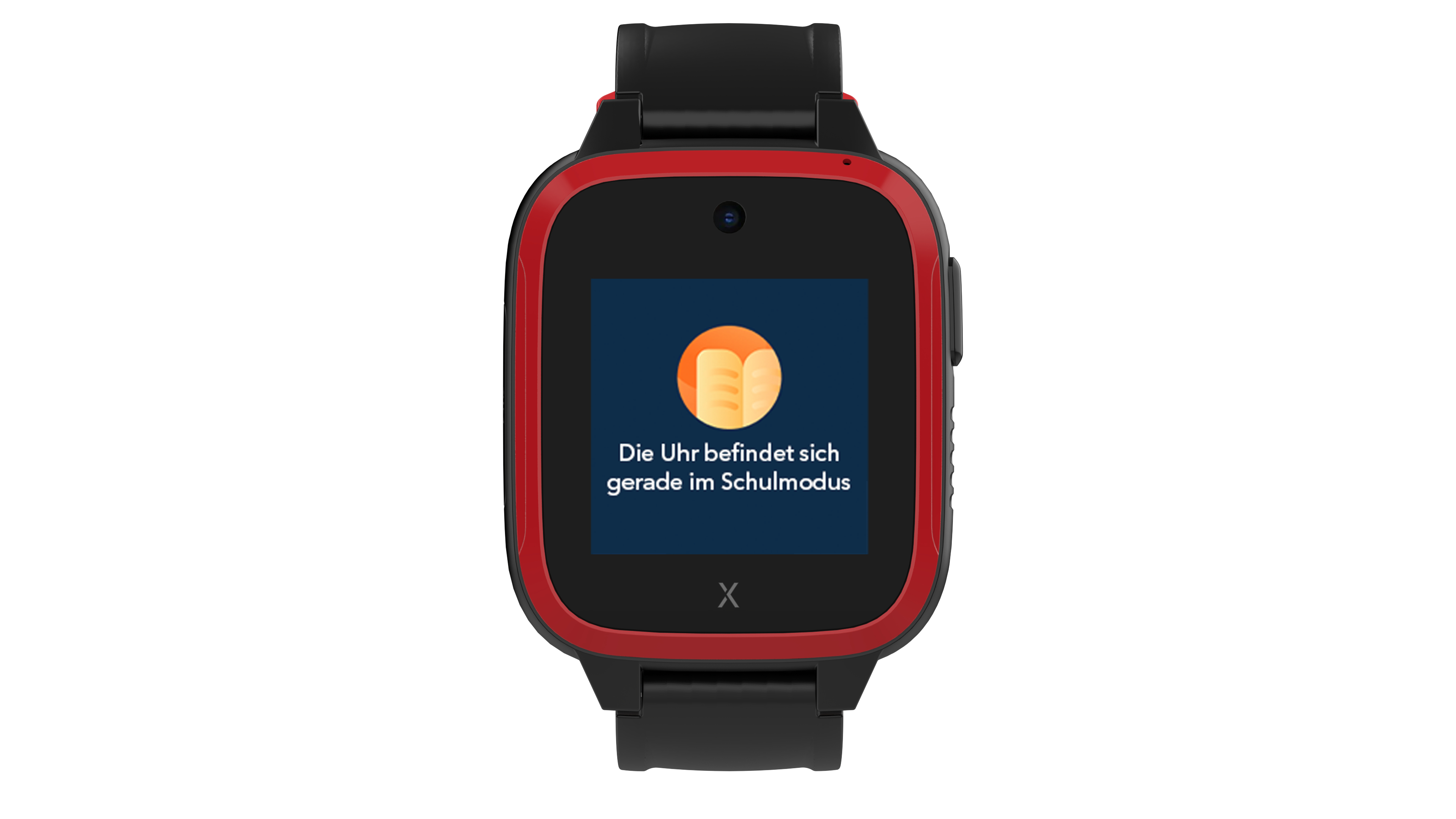 Eine Smartwatch mit rotem Rand, die eine Schulmodus-Nachricht anzeigt. Weißer Hintergrund.