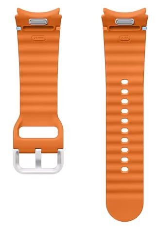 Pomarańczowy pasek do zegarka, dwie części, pokazujące przód i tył. Biała klamra.