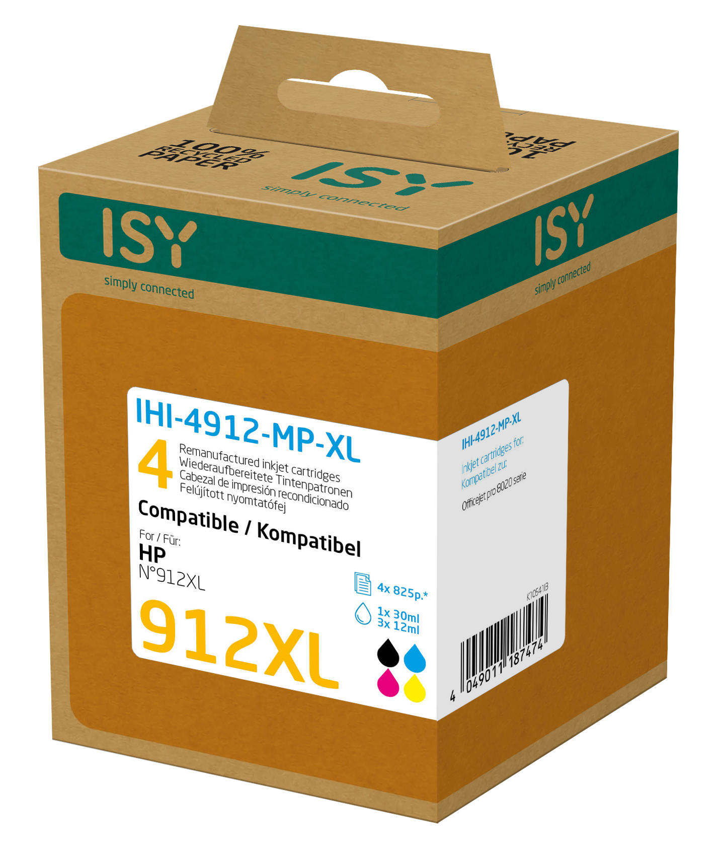 Braune ISY-Tintenpatronenbox mit bunten Tintenpatronen. Die Box zeigt Marke und Typ.