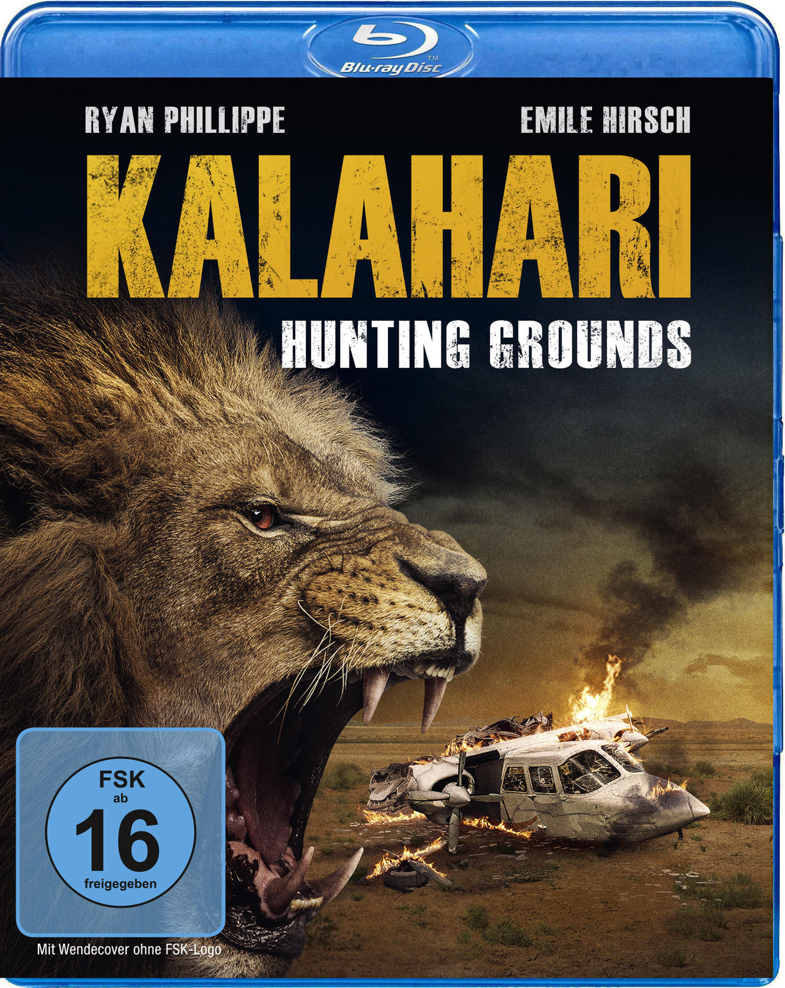 DVD-Cover: Löwe brüllt, mit brennendem Auto im Hintergrund. Text: Kalahari, Hunting Grounds. FSK 16 Label.