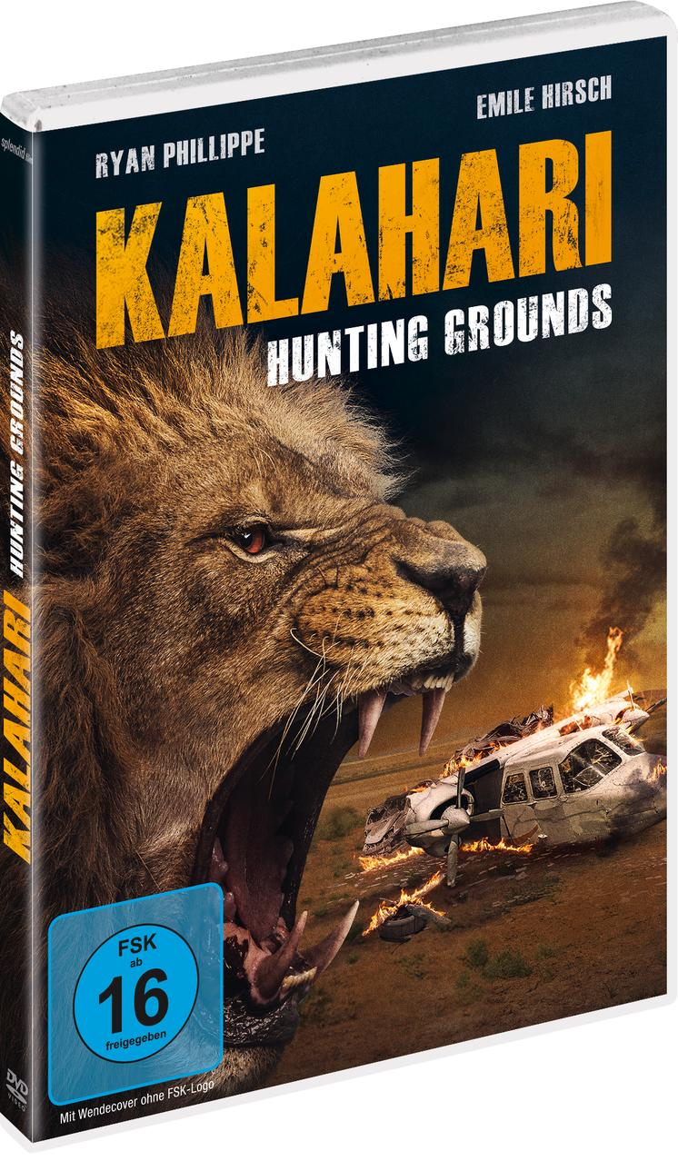 DVD-Cover: Löwe brüllt, Titel 'Kalahari Hunting Grounds', brennendes Flugzeug im Hintergrund. FSK 16.