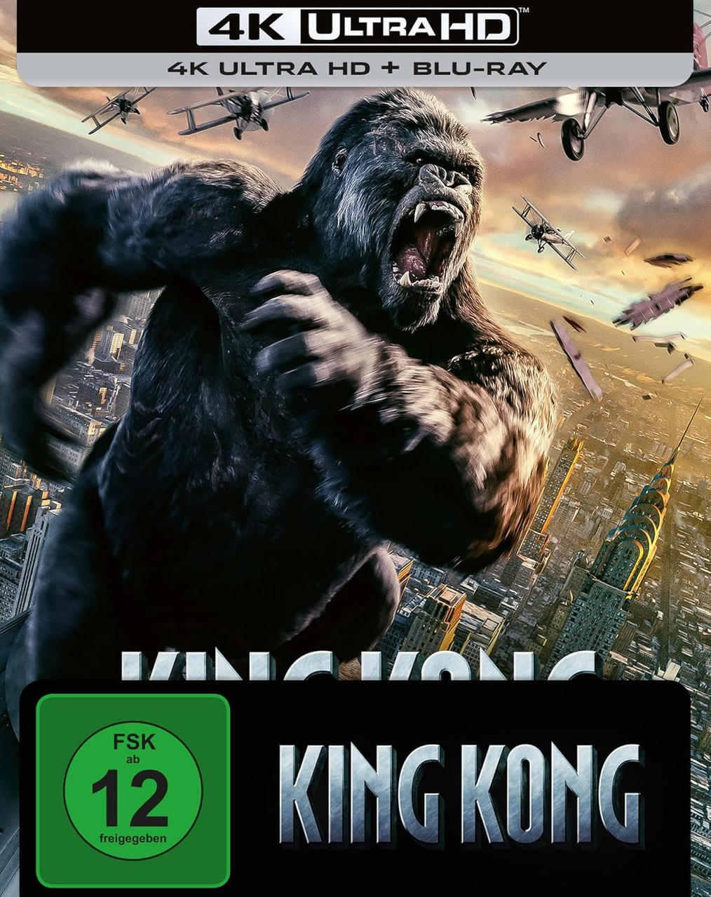 DVD-Cover für 'King Kong' mit Gorilla und Flugzeugen über einer Stadt. 4K Ultra HD und FSK ab 12 Logo.