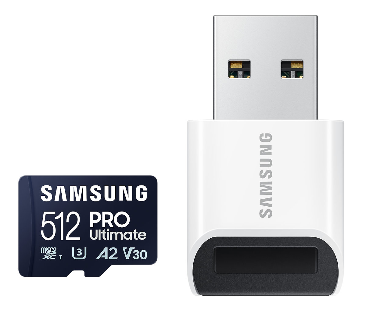 Karta MicroSD Samsung 512GB z adapterem USB. Biały adapter, czarna karta, obie markowe.