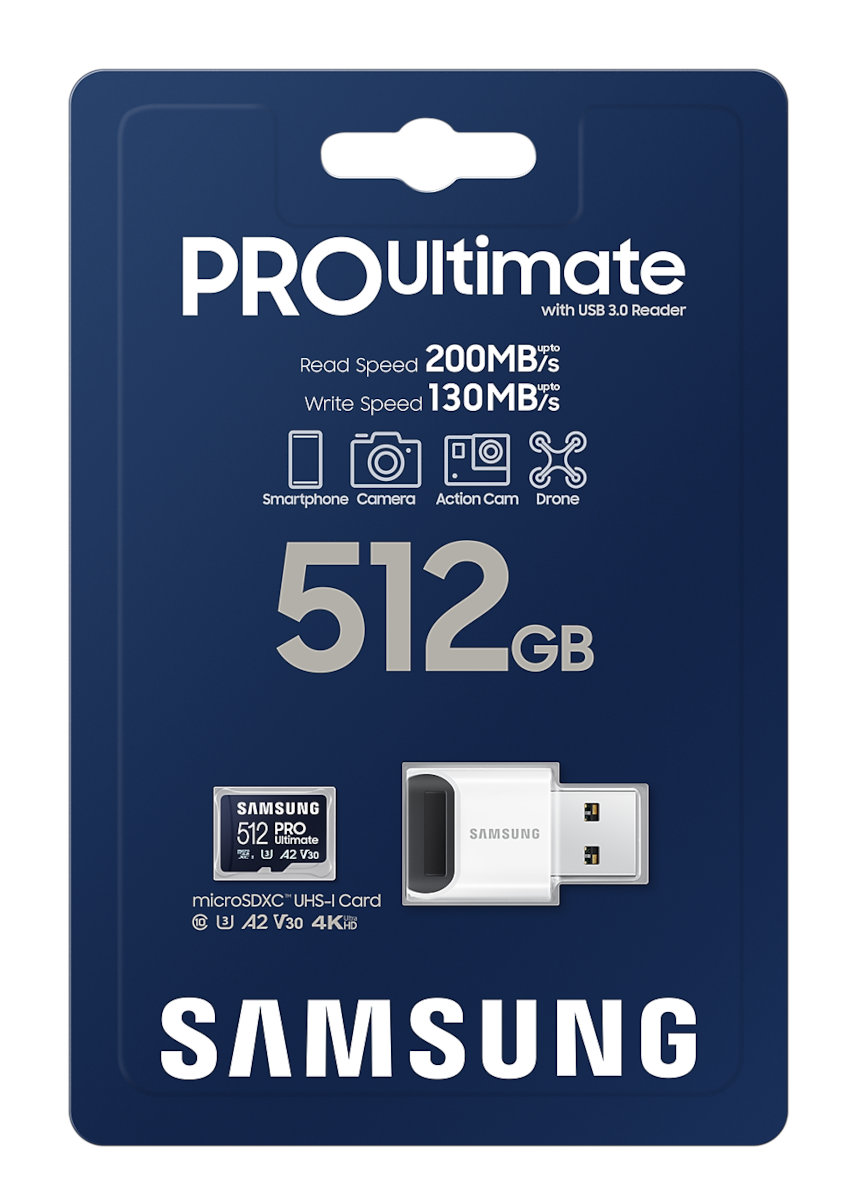 Karta microSD Samsung PRO Ultimate z czytnikiem USB 3.0, pojemność 512 GB i niebieskie opakowanie.