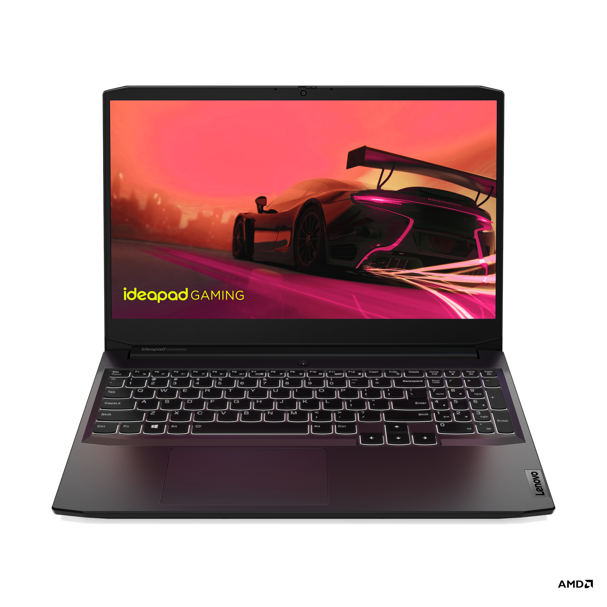 Siyah Lenovo dizüstü bilgisayar, yarış oyunu ekranı, arkadan aydınlatmalı klavye.