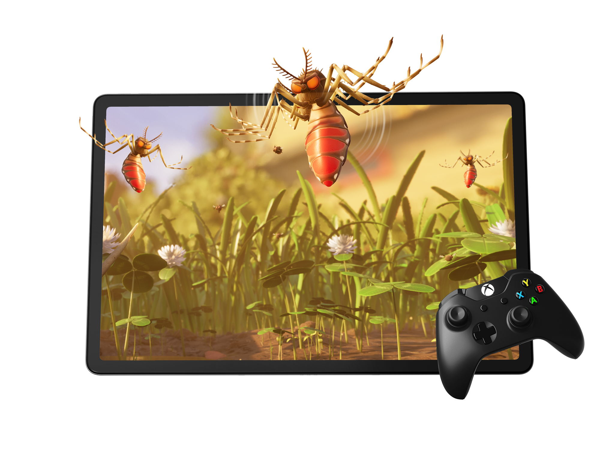 Tablettbildschirm zeigt Spielszene mit riesigen Insekten. Schwarzer Gamecontroller darunter.
