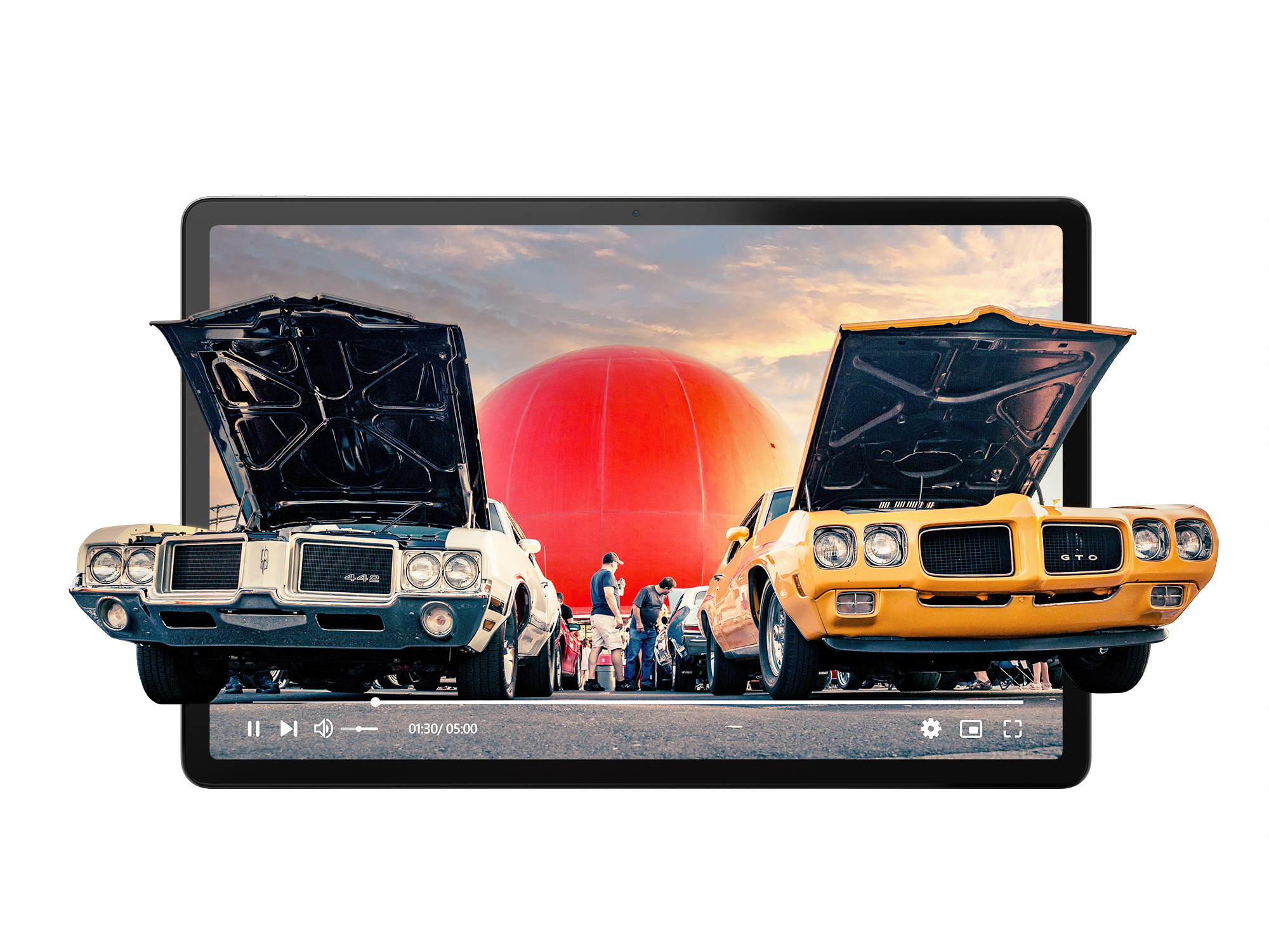 Graue Laptop-Seitenansicht, mit sichtbaren Anschlüssen. Weißer Hintergrund.