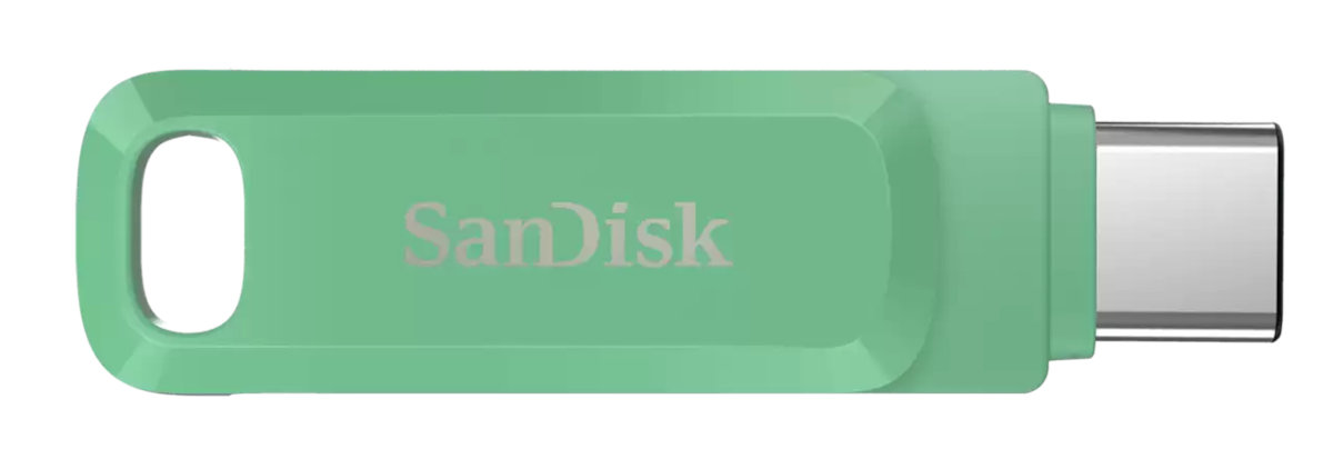 Jasnozielony pendrive z logo 'SanDisk'. Posiada otwór na breloczek.
