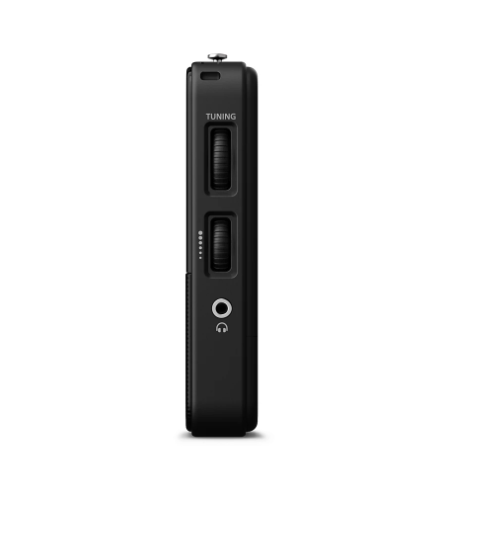 Dispositivo negro con diales de sintonización, conector para auriculares. Arriba dice 'TUNING'. Fondo blanco.