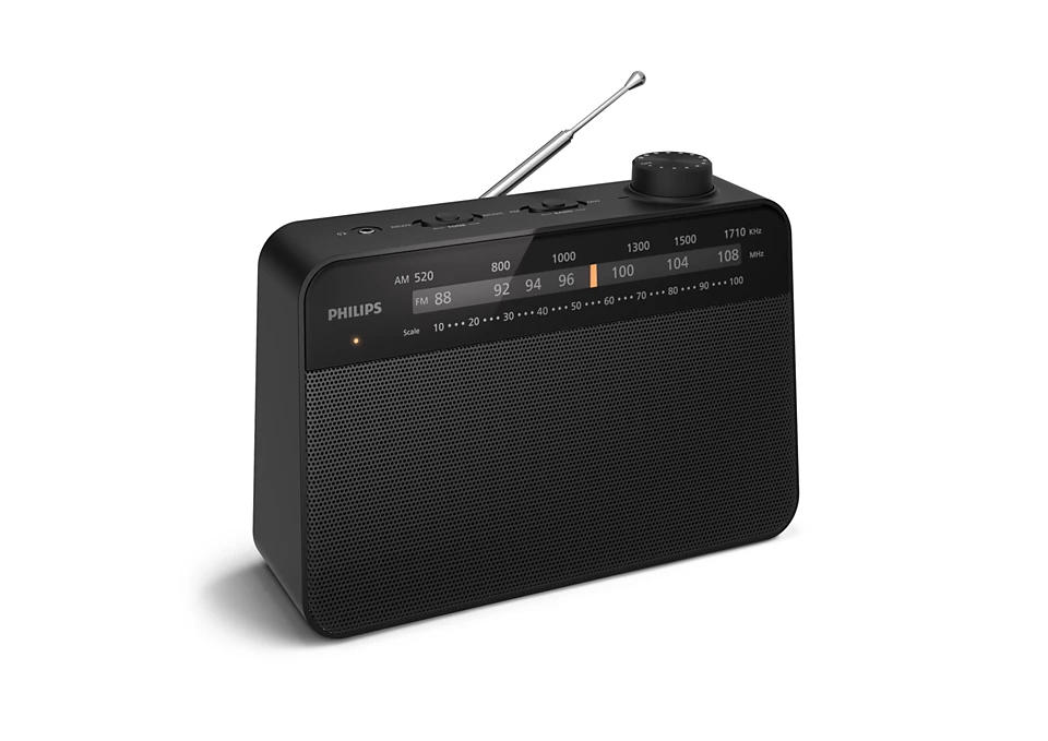 Radio negro sobre fondo blanco. Tiene un altavoz y un dial.