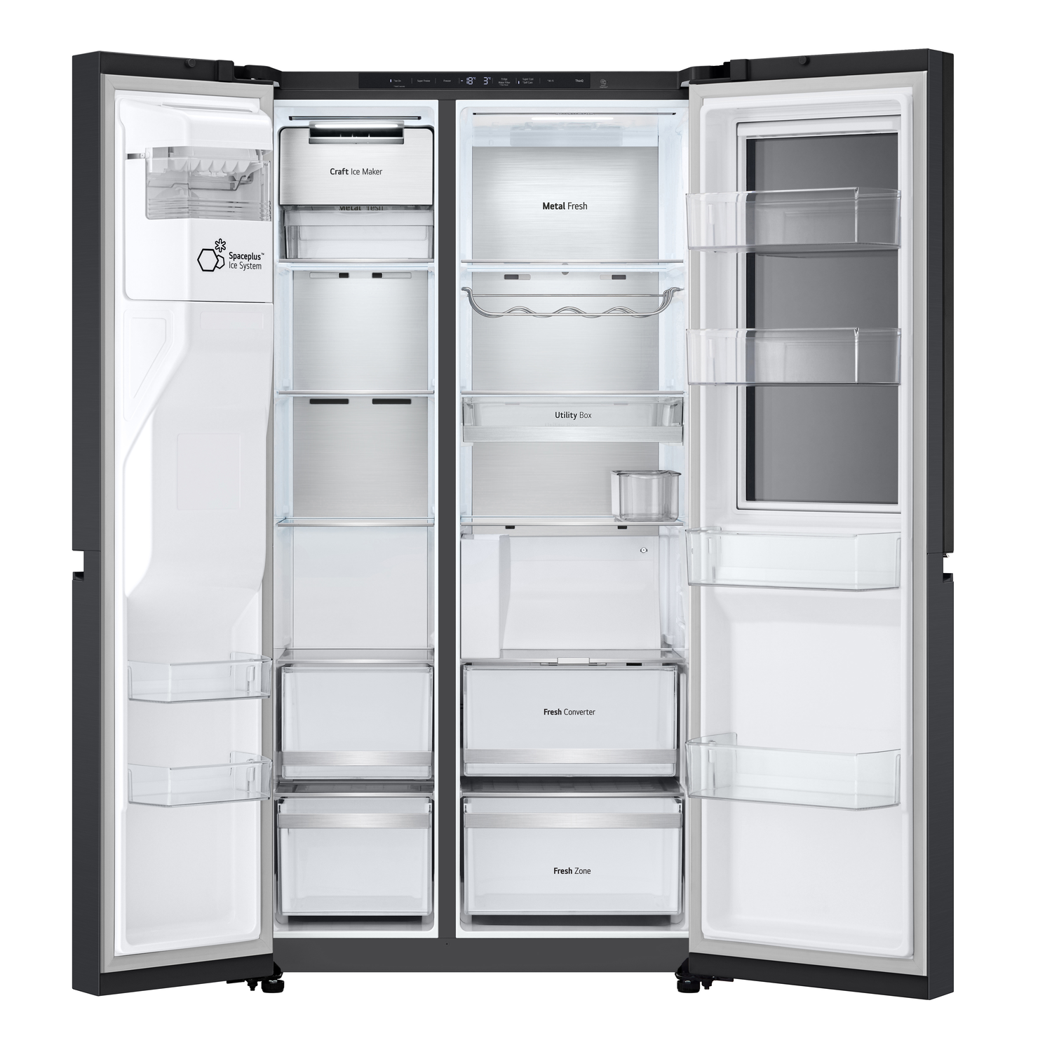 An open refrigerator with multiple compartments. Interior is filled with shelves, drawers, and a bottle rack.