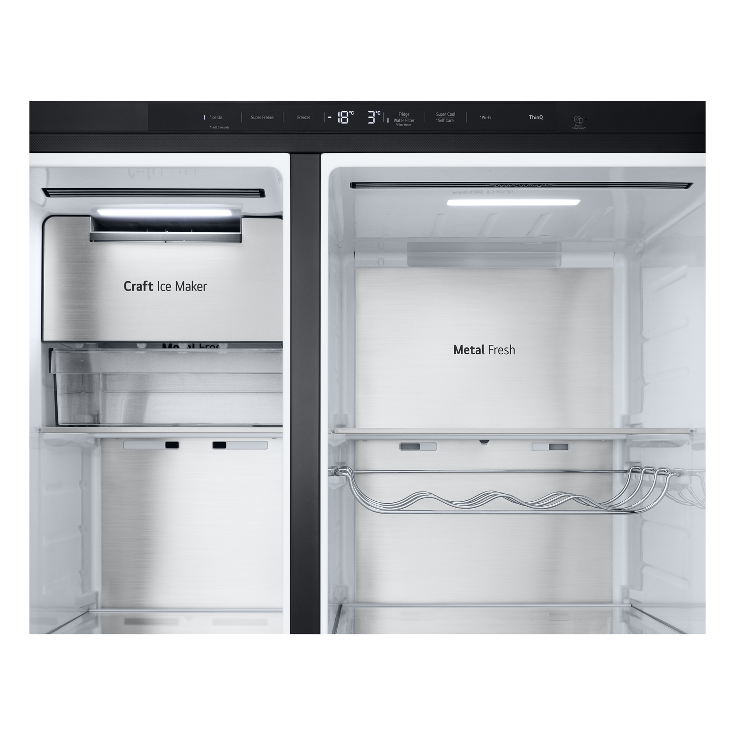 Interior of a refrigerator showing shelves, ice maker, and a metal fresh section.