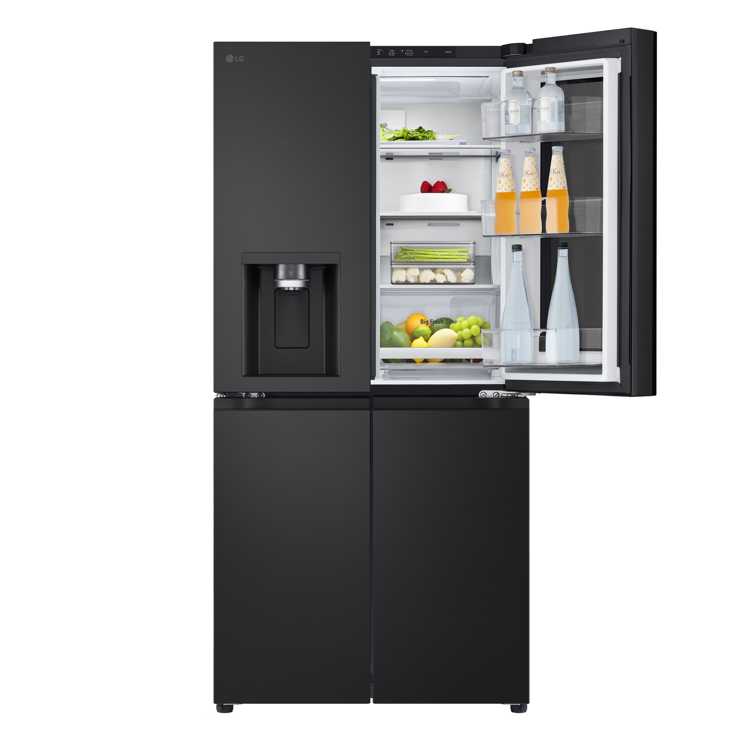 Black LG refrigerator with open doors, showing contents.