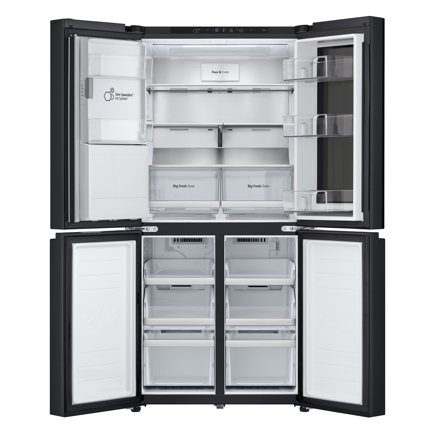 A black refrigerator with doors open, revealing shelves and drawers, interior is white.