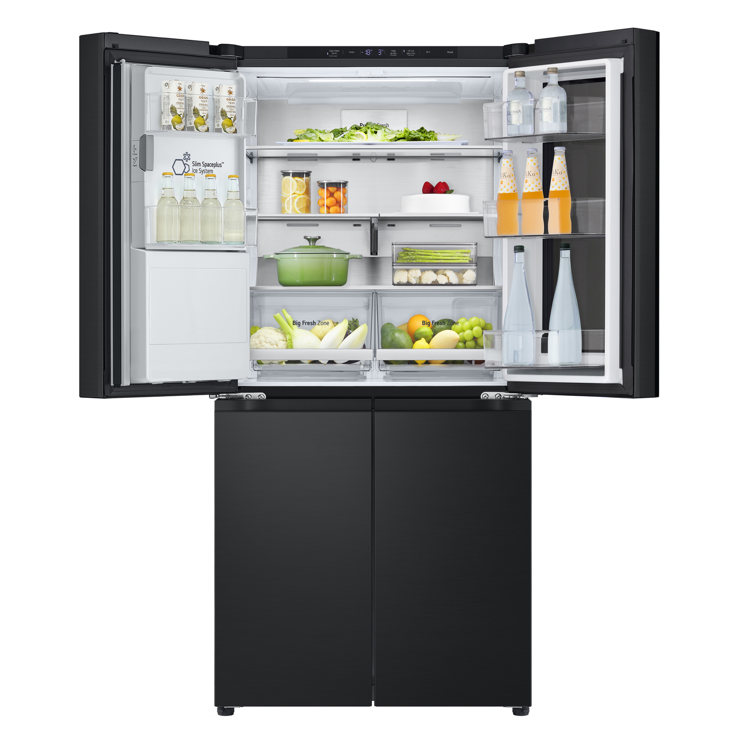 Black refrigerator with opened doors, showing food items inside, well organized.