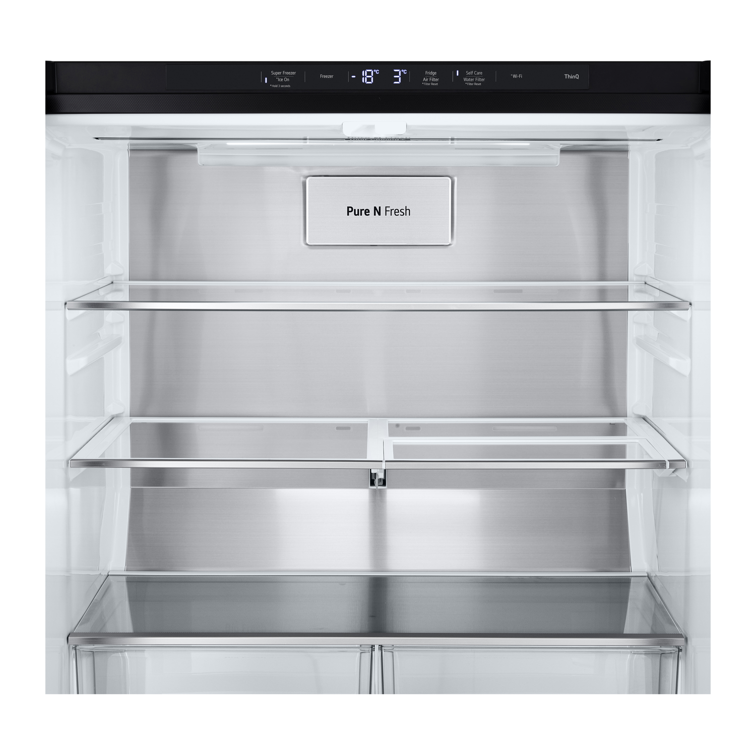 Open refrigerator interior. Stainless steel back, glass shelves, and drawers. Black top panel.