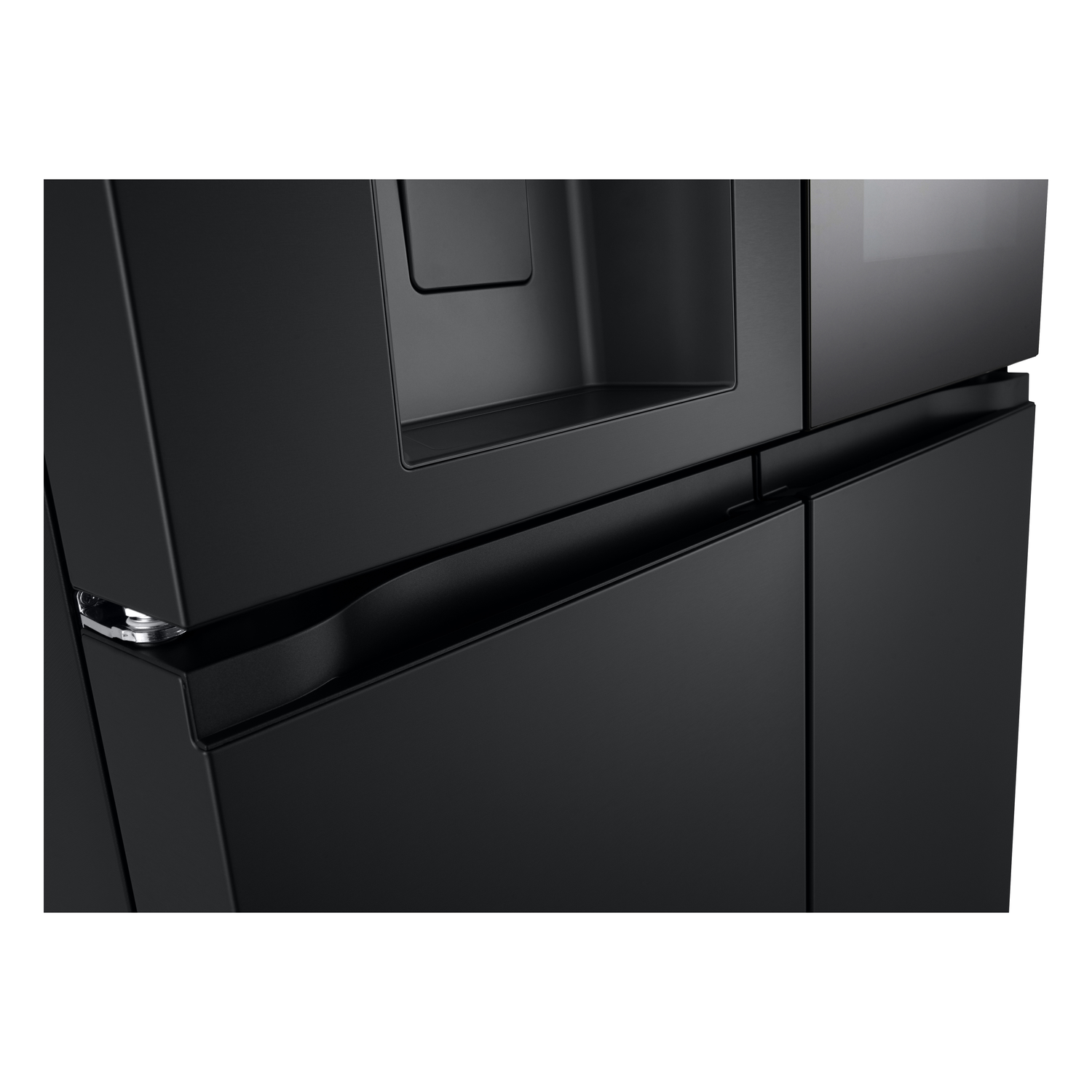 Black refrigerator doors. Handles and a water dispenser are visible. White background.
