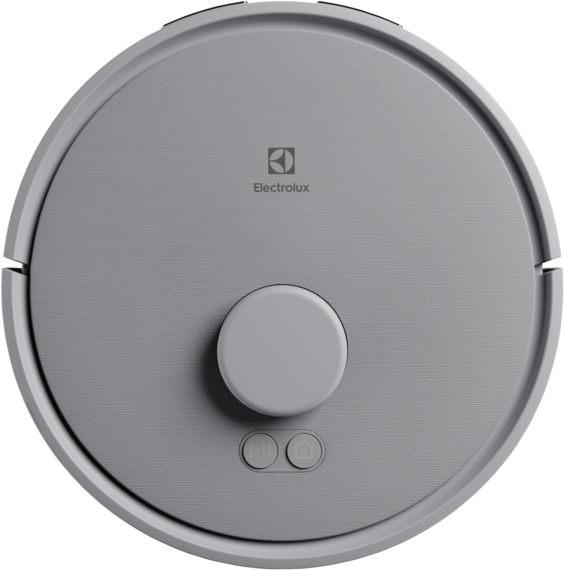Felülnézet egy szürke Electrolux robot porszívóról, két gombbal és a márka logójával.