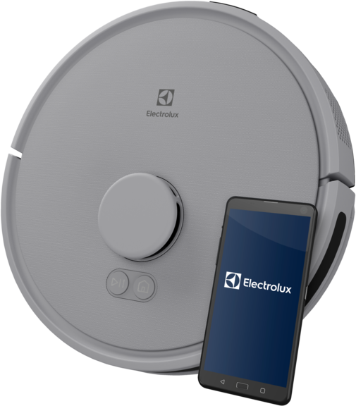 Egy szürke Electrolux robotporszívó egy Electrolux logót mutató okostelefonnal.