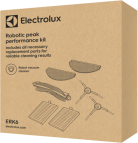 Egy kartondoboz Electrolux márkajelzéssel, robotporszívó cserealkatrészekkel.