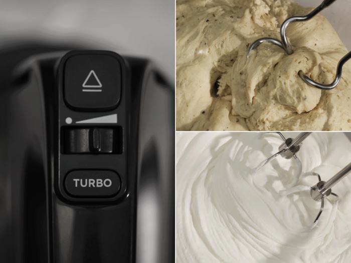 Fekete kézi mixer 'TURBO' gombbal, tésztát kever és tejszínt ver egy tálban.