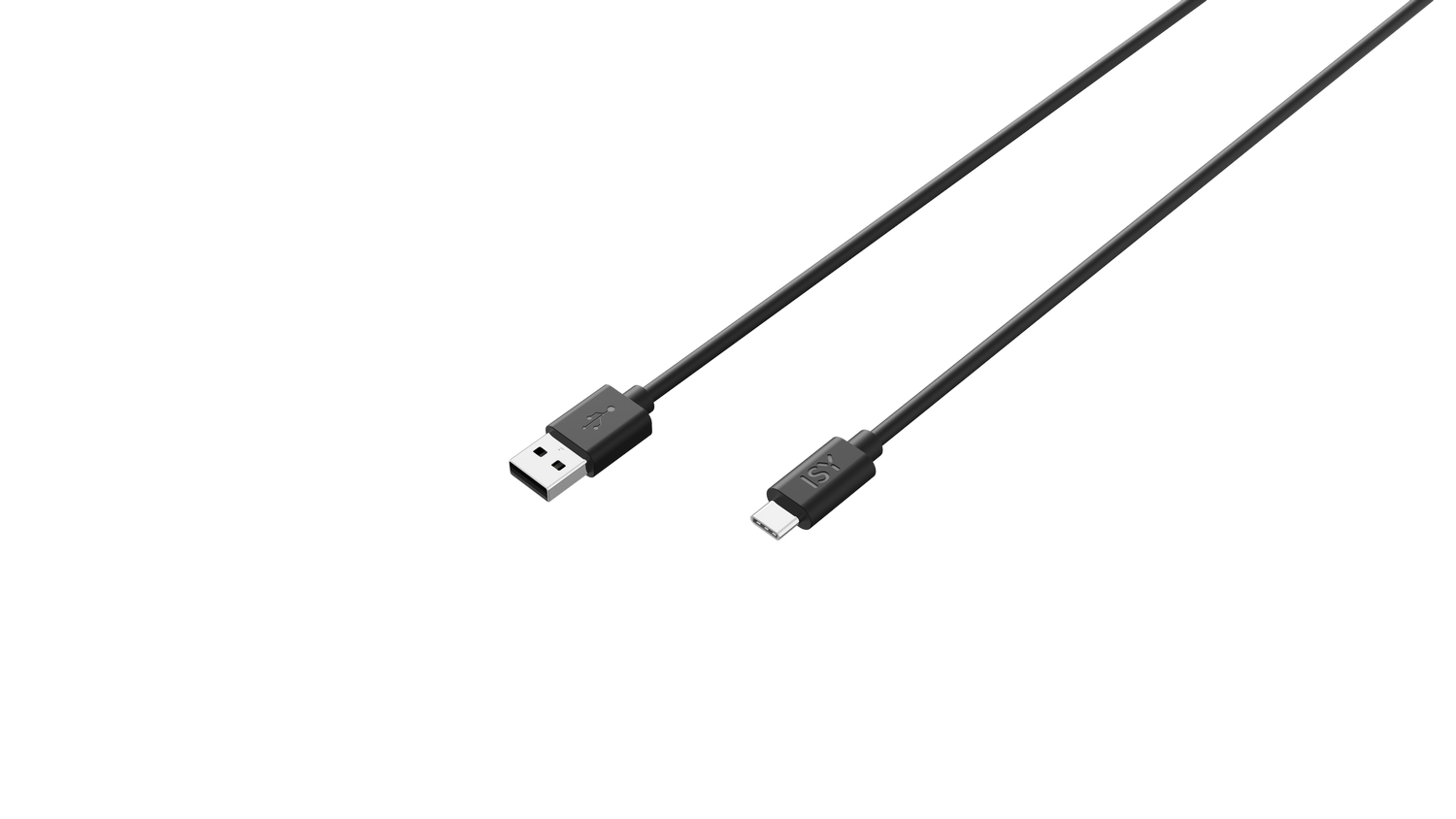 Cable USB a USB-C, negro, sobre fondo negro.