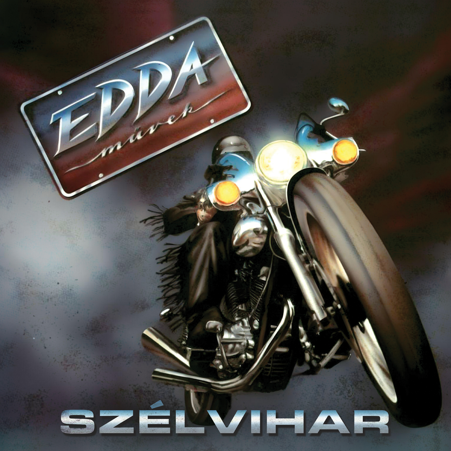 Album borító: motoros a motoron, a címe 'Edda Művek' és 'Szélvihar'.