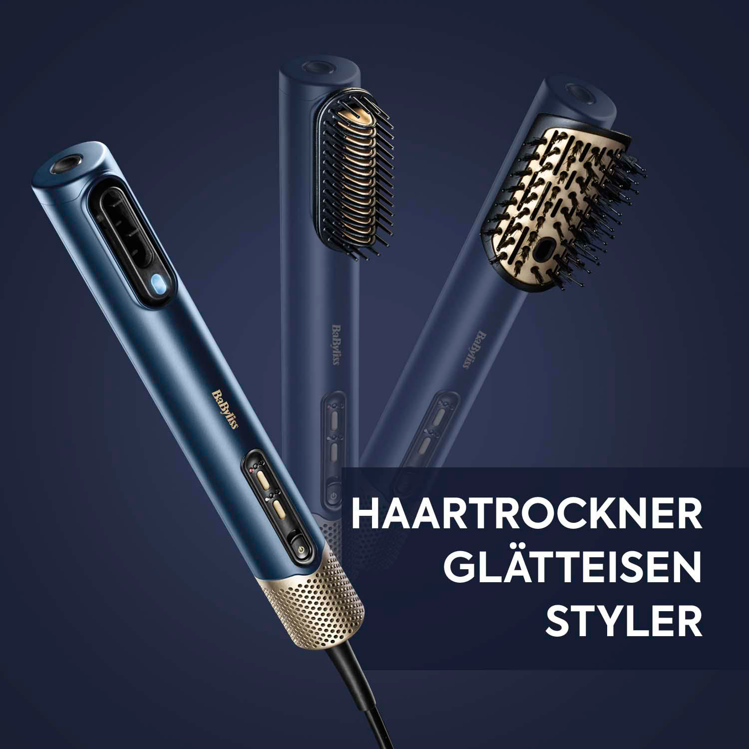 Drei blaue Haarstyling-Tools mit Text: HAARTROCKNER GLÄTTEISEN STYLER.