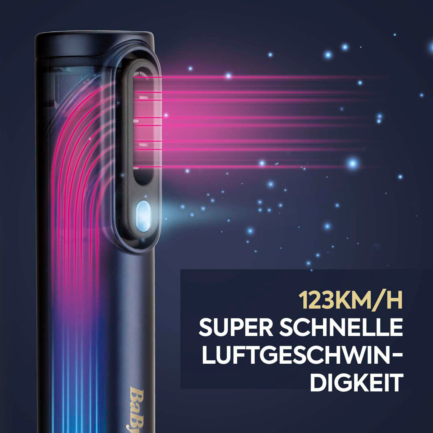 Ein schwarzes und blaues Haarstyling-Tool mit rosa Lichtstrahlen. Text: 123KM/H Super schnelle Luftgeschwindigkeit.