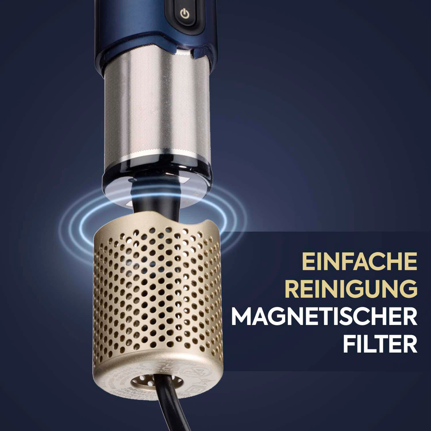 Nahaufnahme eines Goldfilters mit blauem und silbernem Sockel. Text: Einfache Reinigung Magnetischer Filter.