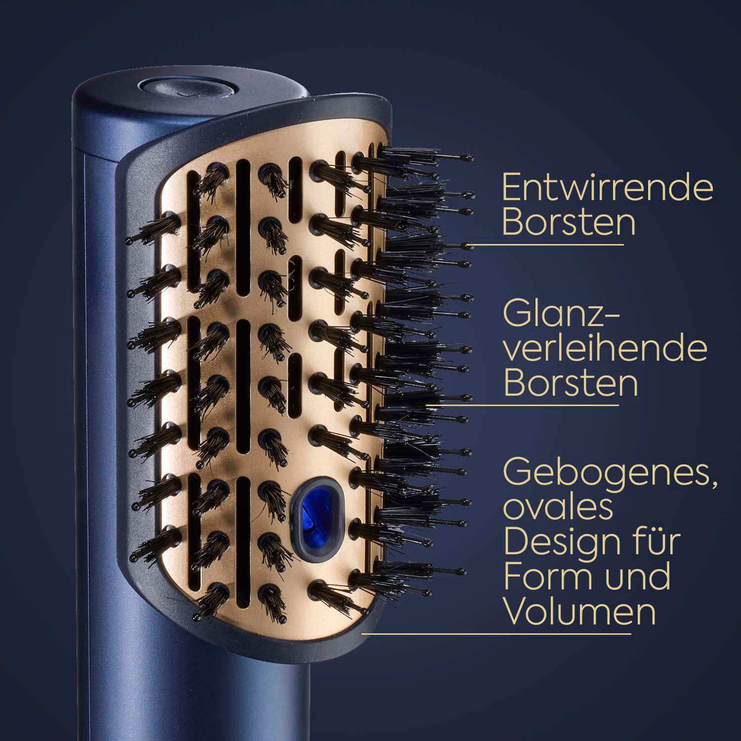 Nahaufnahme eines blau-goldenen Haarstylers mit Textbeschriftungen.