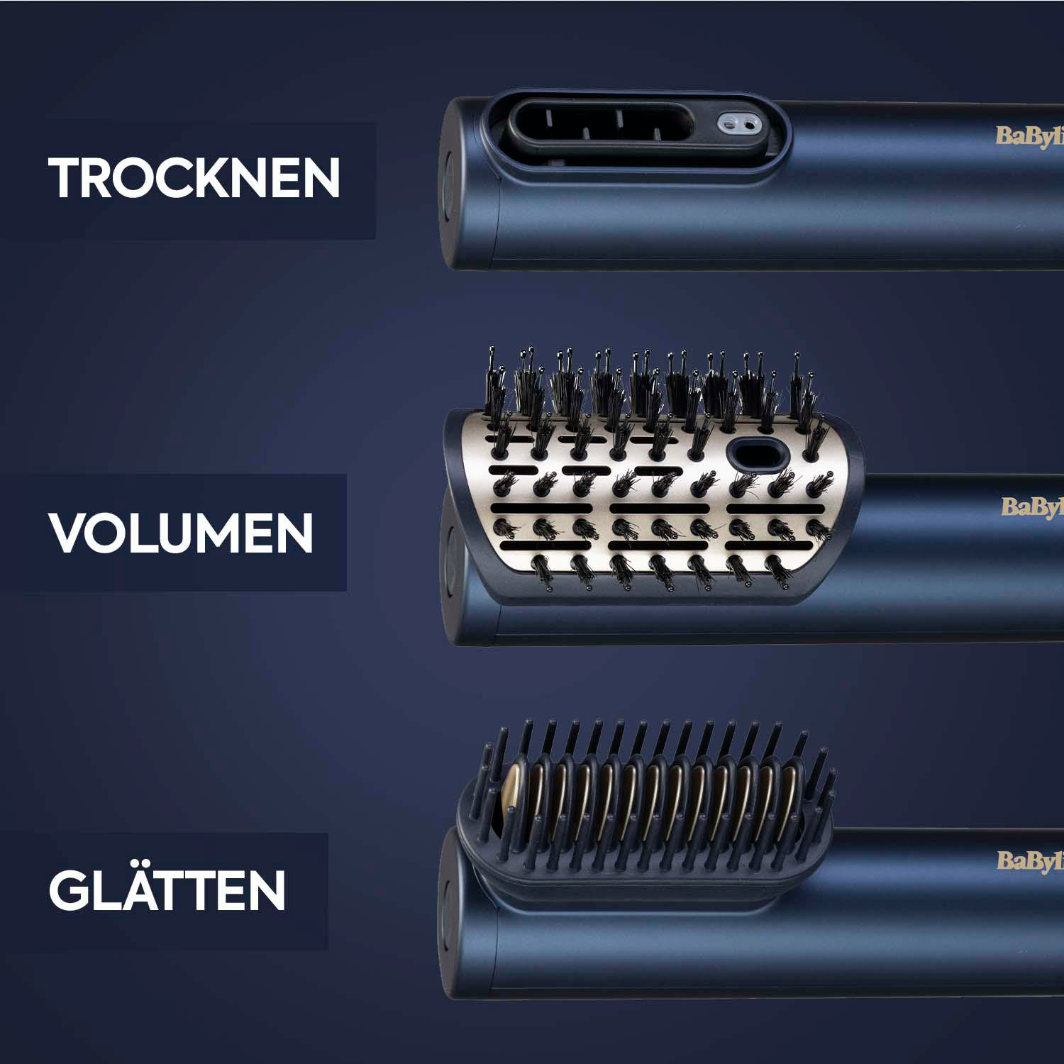 Haarstyling-Tool mit Aufsätzen. Text: Trocknen, Volumen und Glätten.