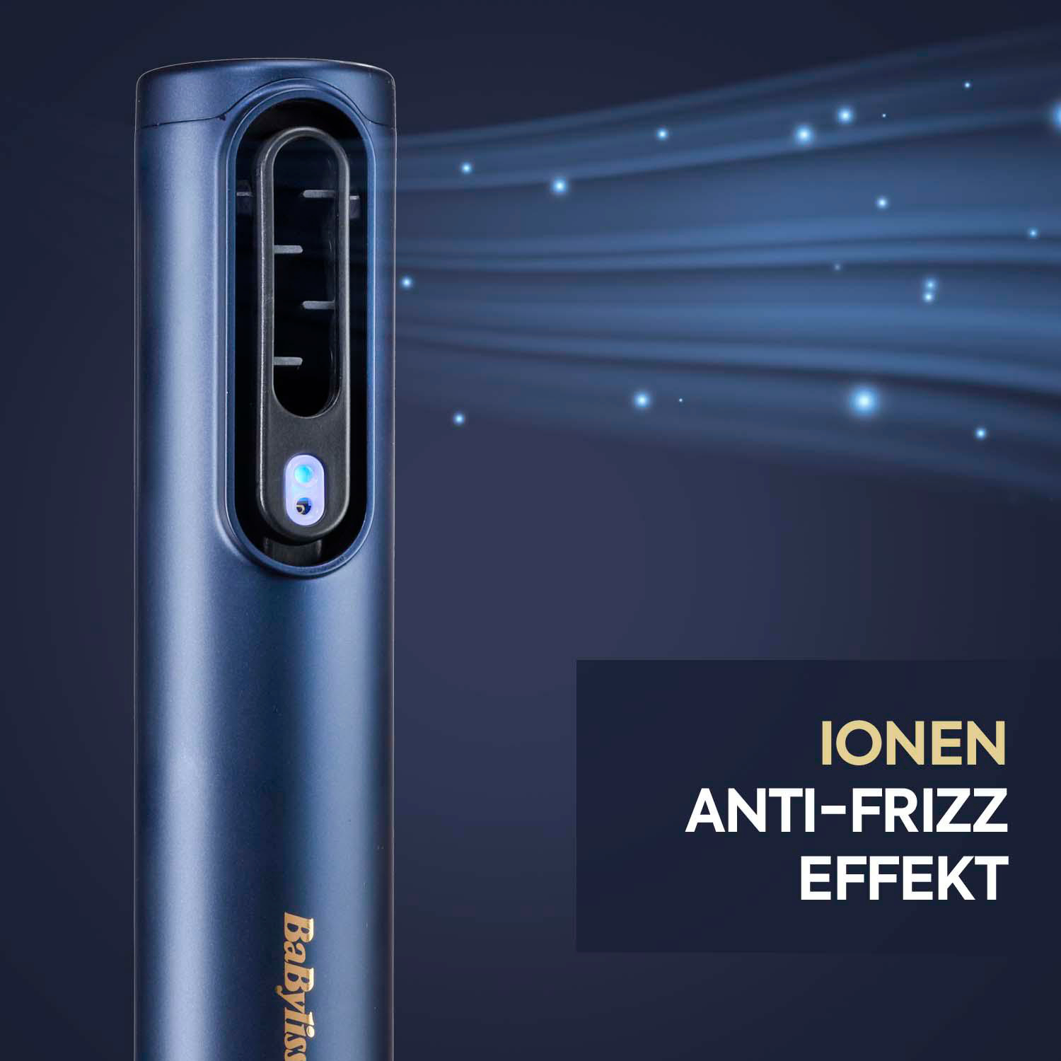 Ein blauer Haartrockner mit Text: IONEN ANTI-FRIZZ EFFEKT, und einem blauen Effekt.
