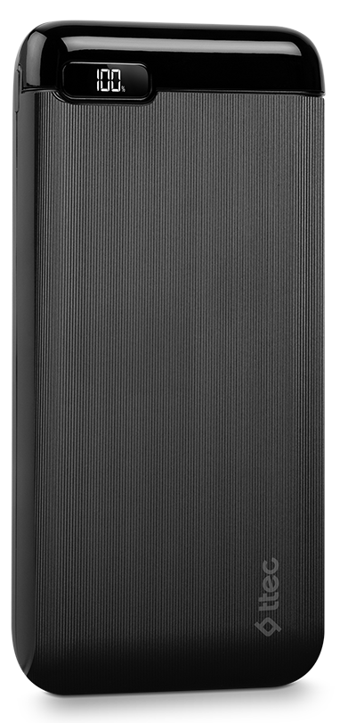 Fekete power bank függőleges vonalakkal és digitális kijelzővel, amely 100%-ot mutat.