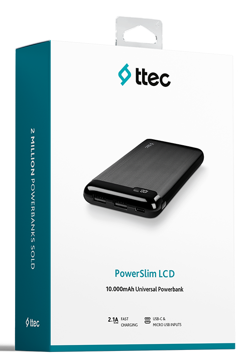 Fehér és kék doboz egy fekete power bank-kal. Szöveg a dobozon.