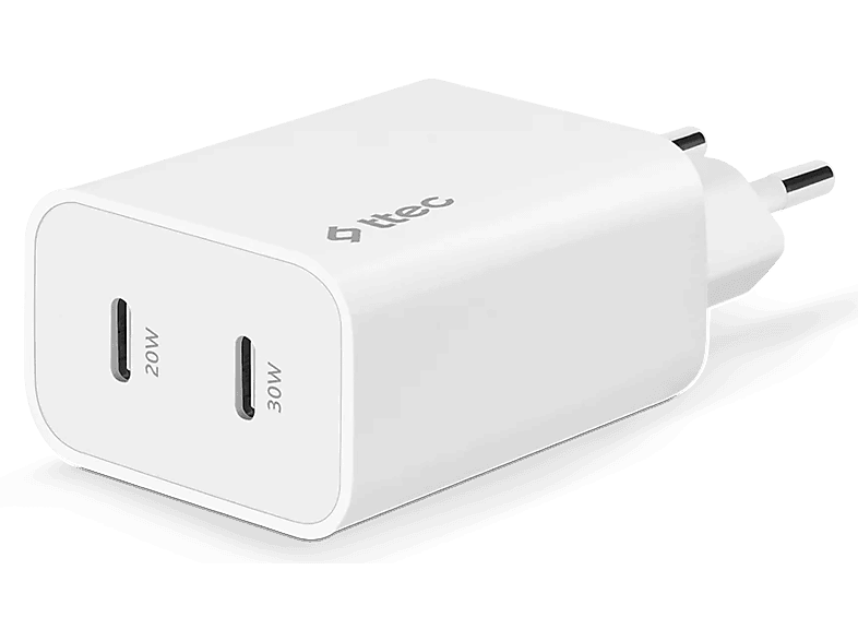 TTEC SmartCharger Duo Pro GaN gyors hálózati töltő kettős USB-C csatlakozással 50W, fehér (2SCG01B)