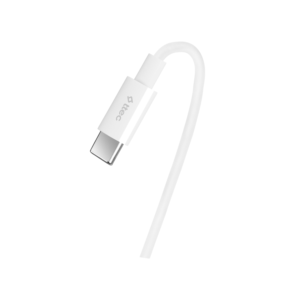 Bir USB-C konektörlü beyaz bir USB-C kablosu. Arka plan siyahtır.