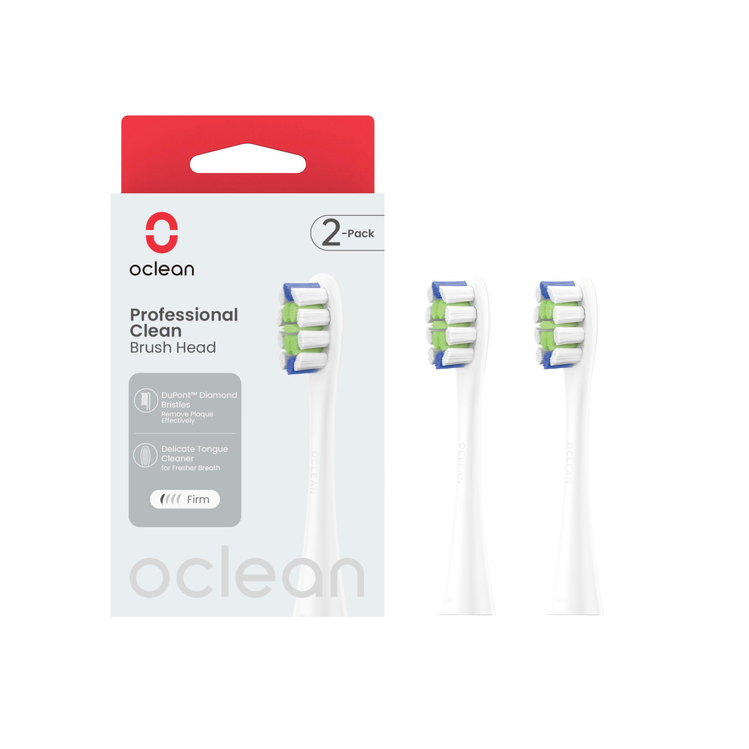 Oclean Professional Clean Brush Head 2er-Pack auf weißem Hintergrund. Die Box ist rot und weiß.