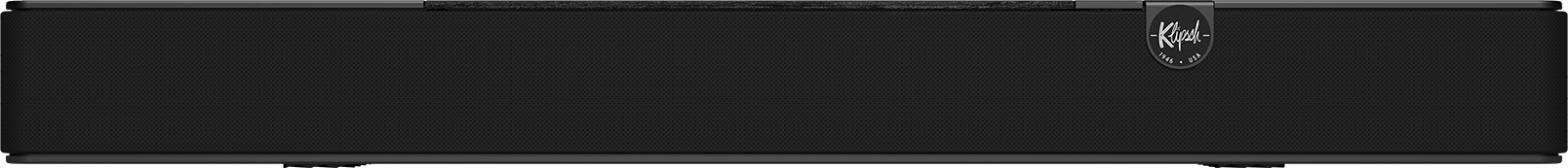 Schwarze Soundbar mit feinem Stoffbezug und einem runden Klipsch-Logo auf der rechten Seite.