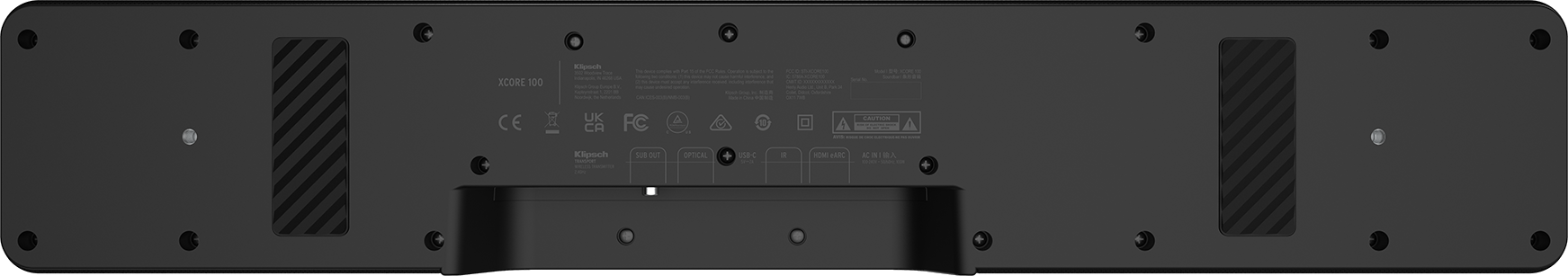Rückansicht einer schwarzen Soundbar mit Anschlüssen, Kennzeichnungen und Befestigungsschrauben.