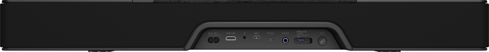 Rückseite einer schwarzen Soundbar mit Anschlüssen wie HDMI, USB und optischem Eingang in einer Vertiefung.