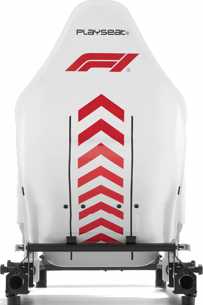 Sedile da corsa bianco con design a spina di pesce rosso e bianco. Il logo F1 in alto.