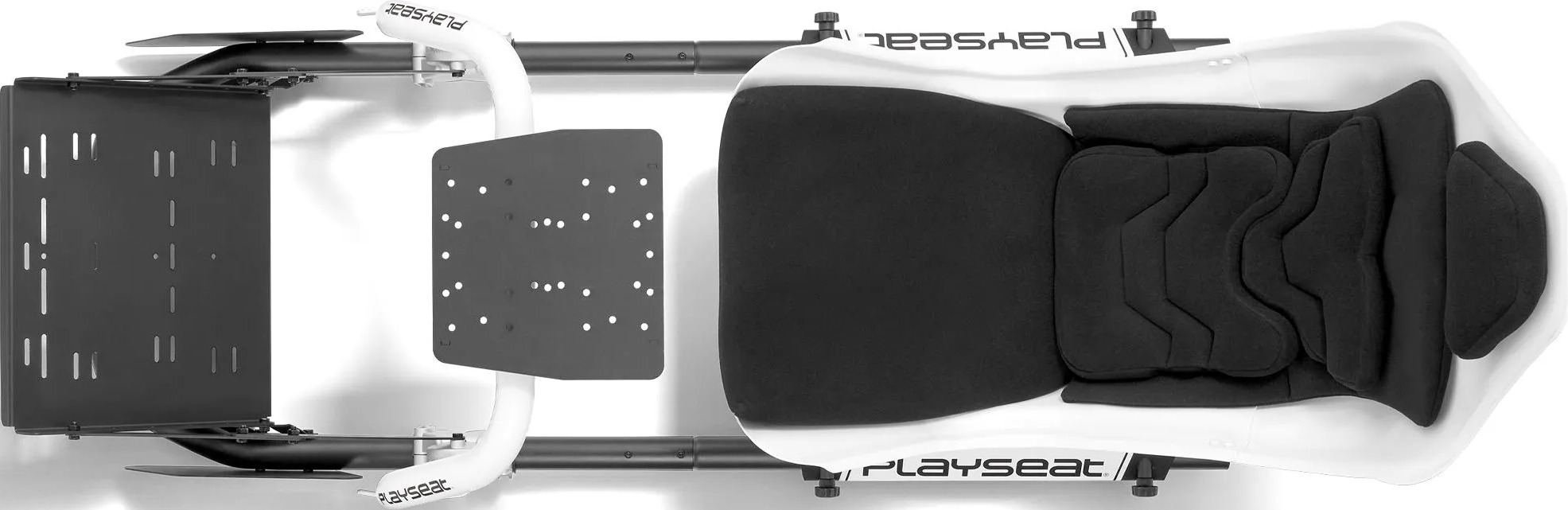 Sedia per simulatore di corse Playseat bianca e nera vista dall'alto.